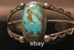Vintage Argent Sterling Fred Harvey Era Navajo Stamped Turquoise Cuff Bracelet