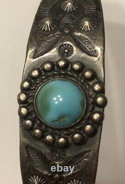 Vintage Fred Harvey Era Navajo Cuff Bracelet Argent & Turquoise