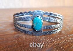 Vintage Fred Harvey Era Navajo Sterling Argent Stamped Turquoise Cuff Bracelet