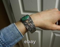 Vintage Fred Harvey Era Navajo Turquoise Sterling Bracelet De Cuff En Argent