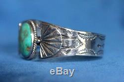 Vintage Fred Harvey Era Navajo Vert Turquoise Arrows Bracelet En Argent Sterling