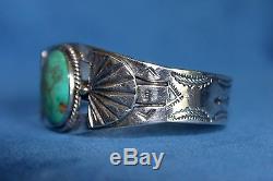 Vintage Fred Harvey Era Navajo Vert Turquoise Flèches Bracelet En Argent Sterling