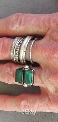 Vintage Fred Harvey Era Silver 2 Bague Squared Vert Turquoise Taille 6