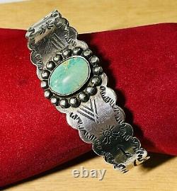 Vintage Fred Harvey Era Stamped Sterling Argent Turquoise Cuff Bracelet