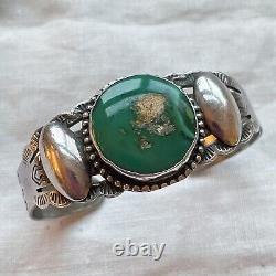 Vintage Fred Harvey Era Vert Turquoise Stamped Bracelet De Cuff En Argent, 25.4 G