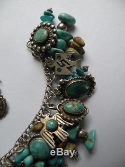 Vintage Fred Harvey Pièces En Argent Sterling Turquoise Thunderbird Charme Bracelet