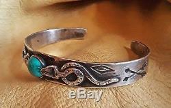 Vintage Fred Harvey Turquoise Coin Tournesol Applique Serpents Flèches Bracelet