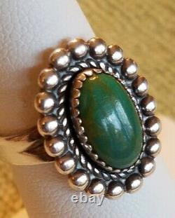 Vintage Navajo Fred Harvey Era Green Turquoise Sterling Silver Ring Sz 5.5. A+