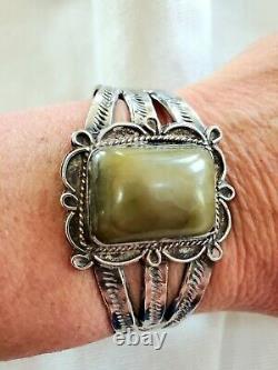 Vintage Navajo Fred Harvey Era Sterling Silver Stamped Cuff Bracelet Green Stone