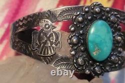 Vintage Navajo Fred Harvey Era Thunderbirds Turquoise Sterling Silver Cuff