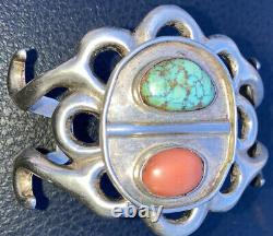 Vintage Navajo Old Pawn Sterling Argent Turquoise Coral Bracelet Fred Harvey Era