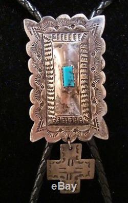 Vintage Old Pawn Turquoise Pierre Argent Sterling Bolo Cravate Navajo Fred Harvey