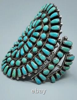 Vintage Silver Sterling & Kingston Turquoise Point De Cluster Cuff Bracelet