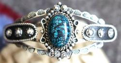 Vintage Spiderweb Turquoise Sterling Bracelet Bracelet Navajo Fred Harvey Signé Eh