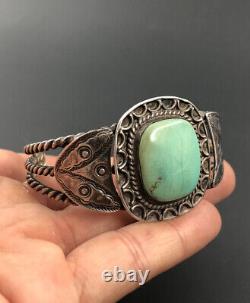 Vtg 1940s Fred Harvey Era Navajo Sterling Silver Stamped Turquoise Cuff Bracelet