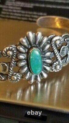 Vtg. 900 Pièces Argent & Turquoise Navajo Bracelet Manchette Old Pawn-era Fred Harvey