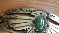 Vtg. 925 Sterling & Turquoise Thunderbird Bracelet Manchette Old Pawn Ère Fred Harvey