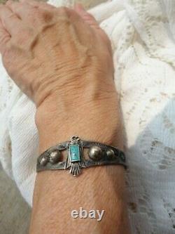 Vtg Argent Fred Harvey Era Navajo Turquoise Thunderbird Snake Stamp Bracelet