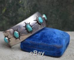 Vtg Bracelet Manchette Étoile Turquoise Avec Vieux Pion Navajo Fred Harvey Lingot Époque Argent