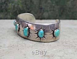 Vtg Bracelet Manchette Étoile Turquoise Avec Vieux Pion Navajo Fred Harvey Lingot Époque Argent