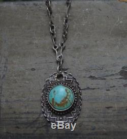 Vtg Collier Avec Pions Navajo Old Pawn Fred Harvey Silver & Turquoise Fob