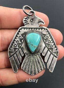 Vtg Fred Harvey Era Navajo Stamped Argent Sterling Turquoise Thunderbird Pendentif