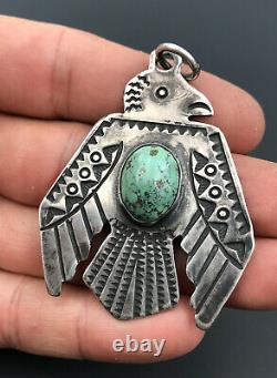 Vtg Fred Harvey Era Navajo Stamped Argent Sterling Turquoise Thunderbird Pendentif
