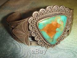 Vtg. Fred Harvey Era Old Pawn Bracelet En Argent Sterling Et Turquoise Navajo