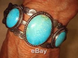 Vtg. Fred Harvey Era Old Pawn Navajo Bracelet En Argent Sterling 3 Turquoise