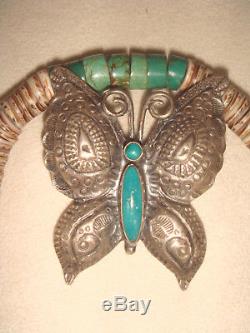Vtg. Fred Harvey Era Old Pawn - Navajo - Broche Papillon En Argent Sterling Et Turquoise