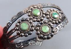 Vtg Fred Harvey Era Sterling Navajo Silver Arroow Cuff Bracelet Vert Turquoise