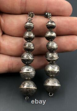 Vtg Fred Harvey Navajo Argent Sterling Banc Stamped Perles Perles Dangle Boucles D'oreilles