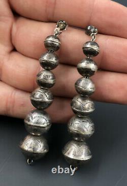 Vtg Fred Harvey Navajo Argent Sterling Banc Stamped Perles Perles Dangle Boucles D'oreilles