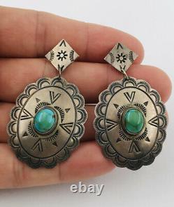 Vtg Fred Harvey Navajo Boucles D'oreilles Sterling Argent Sterling Royston Turquoise Dangle