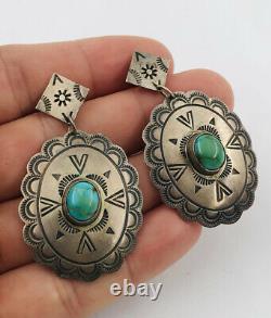 Vtg Fred Harvey Navajo Boucles D'oreilles Sterling Argent Sterling Royston Turquoise Dangle