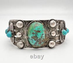 Vtg Fred Harvey Navajo Bracelet en argent sterling avec turquoise Cerrillos estampillée