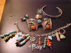 Vtg Fred Harvey Navajo Zuni En Argent Sterling Charms Turquoise Bracelets Anneau Beaucoup