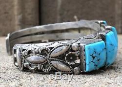 Vtg Fred Harvey Sterling Argent Sleeping Beauty Turquoise Entiers Bracelet