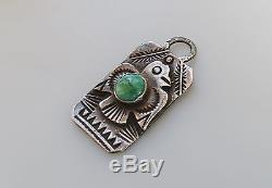 Vtg Fred Harvey Sterling Silver Dog Tag Charme / Pendentif Thunderbird Turquoise