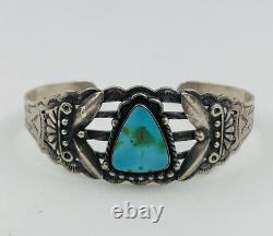 Vtg Navajo Fred Harvey Blue Gem Turquoise Stamped Sterling Silver Cuff Bracelet