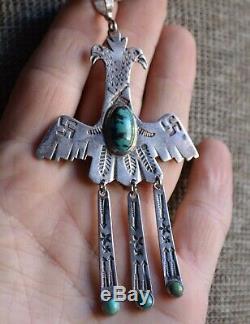 Vtg Navajo Fred Harvey Collier Tourbillon De Rondins Native Thunderbird En Argent Turquoise