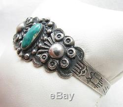 Vtg Navajo Fred Harvey Era Turquoise Symbole Stamped Ih Coin Silver Cuff Bracelet