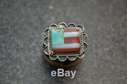 Vtg Turquoise Inlay Hommes Anneau Fred Harvey Vieux Pion Navajo Drapeau American Silver 9
