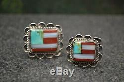 Vtg Turquoise Inlay Hommes Anneau Fred Harvey Vieux Pion Navajo Drapeau American Silver 9