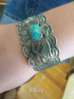 Wow Fred Harvey Era Sterling Argent Turquoise Thunderbird Cuff Entiers