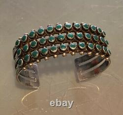 Zuni Sterling Argent Turquoise Three Row Cuff Bracelet Old Pawn Fred Harvey Era
