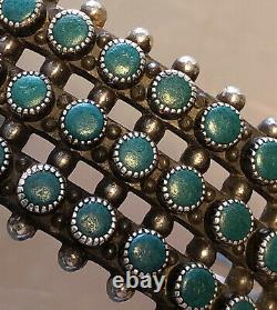 Zuni Sterling Argent Turquoise Three Row Cuff Bracelet Old Pawn Fred Harvey Era